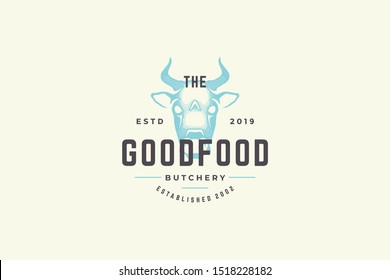 Hand drawn logo cow head silhouette and modern vintage typography retro style vector illustration. Logotype for dairy milk emblem, farm meat market packaging and restaurant menu decoration.