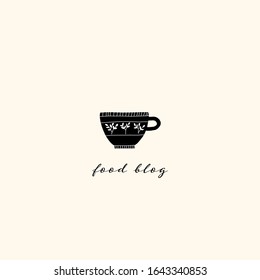 Hand drawn logo with cup and flower. Element for cafe logo, blog, restaurant 