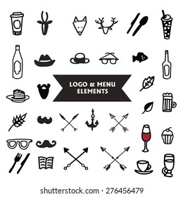 hand drawn logo and design elements collection, big hipster pack of arrows, icons and labels 