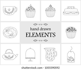 Hand drawn logo elements and icons. Hand drawn decorative vector elements with flower design . Cute items for your branding. This collection  for creating logos, business cards, postcards