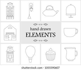 Hand drawn logo elements and icons. Hand drawn decorative vector elements . Cute items for your branding. This collection can be used for creating logos, business cards, postcards, wedding invitations