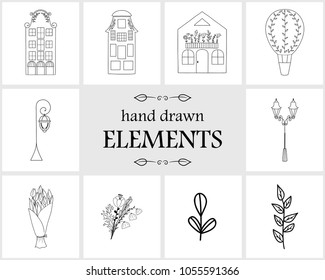 Hand drawn logo elements and icons. Hand drawn decorative vector elements with flower design .  Items for your branding. This collection can be used for creating logos, business cards, postcards