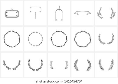 Hand drawn logo elements and icons, wreaths, frames. Hand drawn decorative vector elements with flower design .   This collection can be used for creating logos, business cards, postcards, wedding 