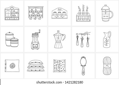 Hand drawn logo elements and icons. Hand drawn decorative vector elements with flower design .  Hand drawn kitchen and home icons.