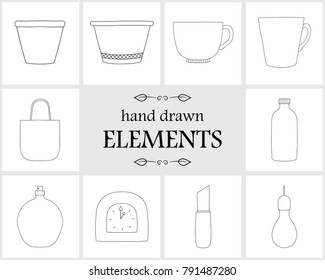 Hand drawn logo elements and icons. Hand drawn decorative vector elements . Cute items for your branding. This collection can be used for creating logos, business cards, postcards, wedding invitations