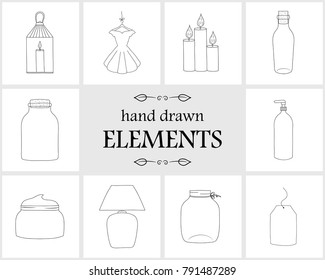 Hand drawn logo elements and icons. Hand drawn decorative vector elements . Cute items for your branding. This collection can be used for creating logos, business cards, postcards, wedding invitations