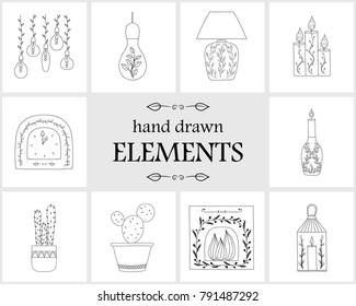 Hand drawn logo elements and icons. Hand drawn decorative vector elements with flower design  for your branding. This collection can be used for creating logos, business cards, postcards