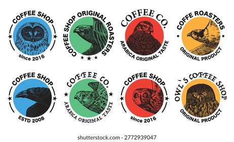 Hand drawn logo or emblem ideas for your coffee shop or branding. Birds in circles. Goshawk, Great grey, Ural tawny owl, kestrel and osprey.