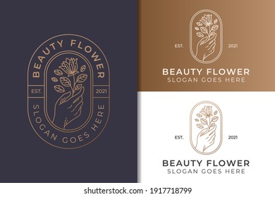 Hand drawn logo of feminine and floral botanical, skin hair beauty boutique and cosmetic for woman, line art suitable for spa salon logo