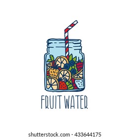 Hand drawn logo with fruit water in mason jar with berries. Vector illustration