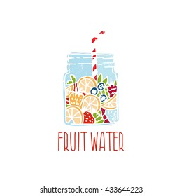 Hand drawn logo with fruit water in mason jar with berries. Vector illustration
