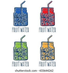 Hand drawn logo with fruit water in mason jar with berries. Vector illustration