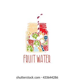 Hand drawn logo with fruit water in mason jar with berries. Vector illustration