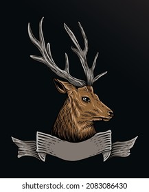 hand drawn logo head deer engraving style