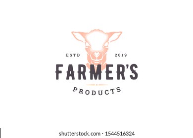 Hand drawn logo lamb head silhouette and modern vintage typography retro style vector illustration. Logotype for butchery, farm meat market packaging and barbecue restaurant menu decoration.