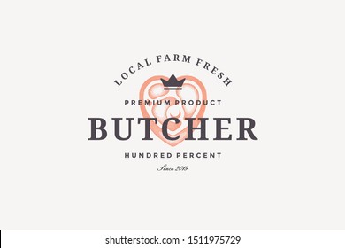 Hand drawn logo meat steak silhouette and modern vintage typography retro style vector illustration. Logotype for butchery, farm meat market packaging and barbecue restaurant menu decoration.