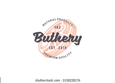 Hand drawn logo meat steak silhouette and modern vintage typography retro style vector illustration. Logotype for butchery, farm meat market packaging and barbecue restaurant menu decoration.