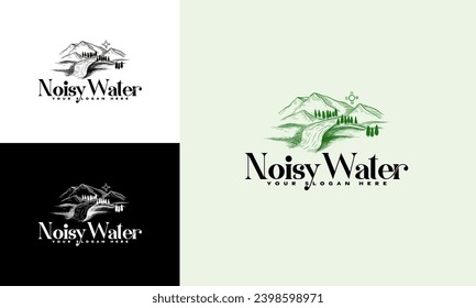 Hand drawn logo of mountain with waterfall vector template, Hand drawn Nature Wonder logo template