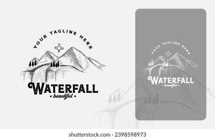 Handgezeichnetes Berglogo mit Wasserfall-Vektorvorlage, handgezeichnete Vorlage für das Naturwunder-Logo