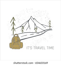 Hand drawn logo. Mountian and road. Vector illustration