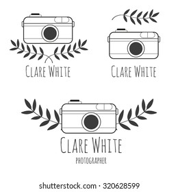 Hand drawn logo  for photographer with camera nature brunch, Black and white style