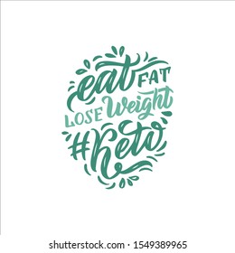 Hand drawn logo phrase for ketogenic diet: Eat fat, Lose Weight #Keto. Handwritten lettering composition isolated. Design for poster, postcard, banner, signboard. Vector illustration.