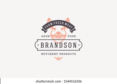 Hand drawn logo pig head silhouette and modern vintage typography retro style vector illustration. Logotype for butchery, farm meat market packaging and barbecue restaurant menu decoration.