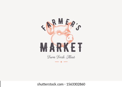 Hand drawn logo pig head silhouette and modern vintage typography retro style vector illustration. Logotype for butchery, farm meat market packaging and barbecue restaurant menu decoration.
