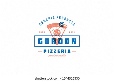 Hand drawn logo pizza slice silhouette and modern vintage typography retro style vector illustration. Pizzeria label for fast food packaging and restaurant menu decoration.