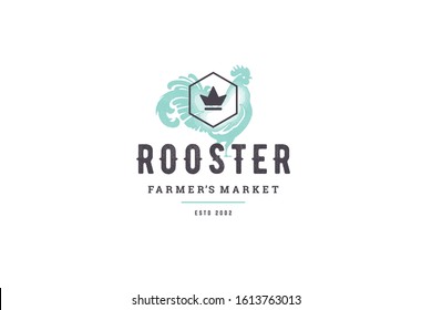 Hand drawn logo poultry rooster silhouette and modern vintage typography retro style vector illustration. Cockerel head logotype for farm meat market packaging and restaurant menu decoration.