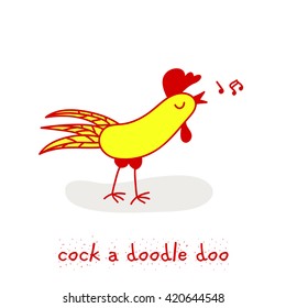 hand drawn logo of a rooster. cartoon vector illustration. inscription - cock a doodle doo