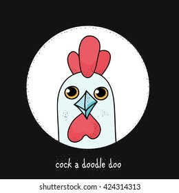 hand drawn logo of a rooster. cartoon vector illustration. inscription - cock a doodle doo