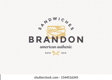 Hand drawn logo sandwich silhouette and modern vintage typography hand drawn style vector illustration. Fast food label for packaging and restaurant menu decoration.