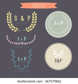 Hand drawn logo set, green eco logo,Vector logo template