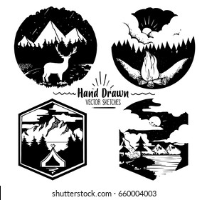 Hand Drawn logo set. Trendy collection of outdoor company, camping, adventure labels. mountain camping , Campfire and dark forest .Vector illustration for your design.