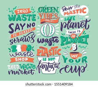 Hand drawn logo set of zero waste phrases. Handwritten lettering composition isolated. Save the planet emblems, badges, labels, stickers, logotypes. Vector illustration collection