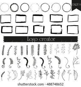 Hand drawn logo with squares, circles and floral. All elements isolated on background and easy to use. Vector creator series.