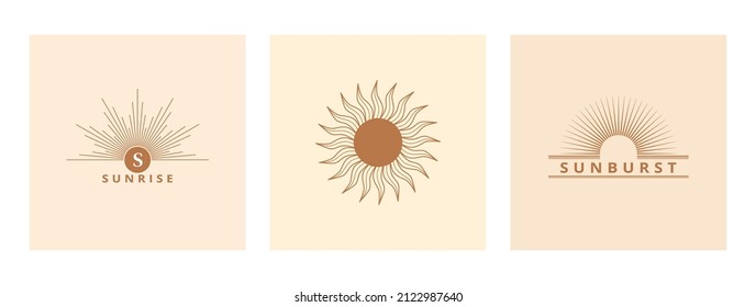Hand drawn logo of Sun, sunburst, light rays in line art. Bohemian symbol bursting sun rays. Magic talisman, antique style, boho, tattoo, logo. ​Vector set illustration.