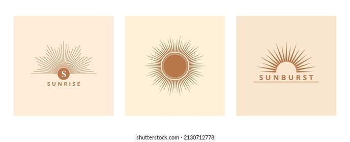 Hand drawn logo of Sun, sunburst, light rays in line art. Bohemian symbol bursting sun rays. Magic talisman, antique style, boho, tattoo, logo. ​Vector set illustration.