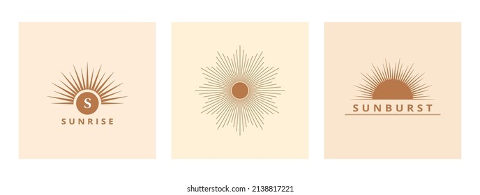 Hand drawn logo of Sun, sunburst, light rays in line art. Bohemian symbol bursting sun rays. Magic talisman, antique style, boho, tattoo, logo. ​Vector set illustration.