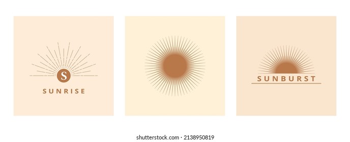 Hand drawn logo of Sun, sunburst, light rays in line art. Bohemian symbol bursting sun rays. Magic talisman, antique style, boho, tattoo, logo. ​Vector set illustration.