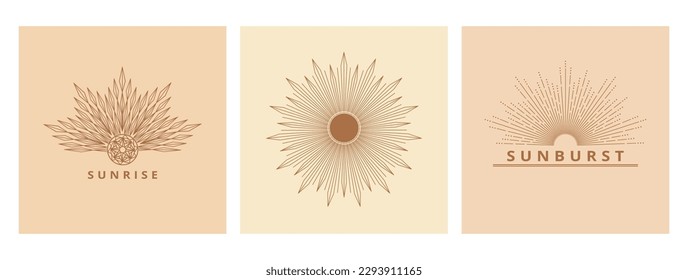 Hand drawn logo of Sun, sunburst, light rays in line art. Bohemian symbol bursting sun rays. Magic vintage talisman collection, antique style, boho, tattoo, emblem, logo. ​Vector set illustration.