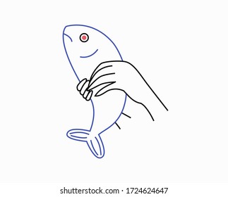 Hand drawn logo for sushi bar. Man holding a blue fish with roll eye. Outline picture logo