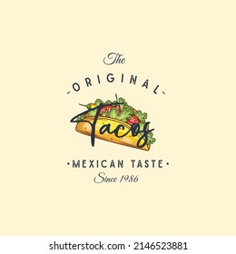 Hand drawn logo tacos silhouette and modern vintage typography retro style vector illustration. Taco tortilla label for fast food packaging and restaurant menu decoration.