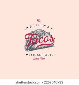 Hand drawn logo tacos silhouette and modern vintage typography retro style vector illustration. Taco tortilla label for fast food packaging and restaurant menu decoration.