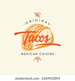 Hand drawn logo tacos silhouette and modern vintage typography retro style vector illustration. Taco tortilla label for fast food packaging and restaurant menu decoration.