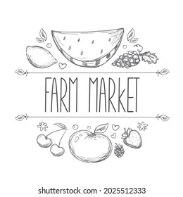 Hand drawn logo template for farm market. Doodles of various natural fruits. Agriculture. Fruit sketches. Black and white logotype for local grocery store. High quality products. Vector illustration