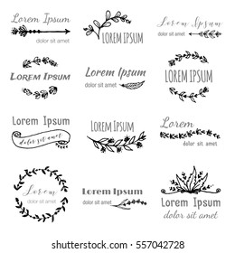 Hand drawn logo templates in bohemian style set. Vector boho frames, border, feathers, branches, flowers, wreaths for logo, invitations (save date), wedding in tribal style. Hand made illustration