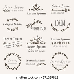 Hand drawn logo templates in bohemian style set. Vector boho frames, border, feathers, branches, flowers, wreaths for logo, invitations (save date), wedding in tribal style. Hand made illustration