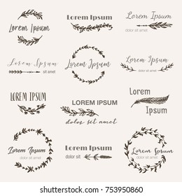 Hand drawn logo templates in bohemian style set. Vector boho frames, feathers, branches, flowers, wreaths for logo, invitations (save the date), label, wedding in tribal style. Hand made illustration